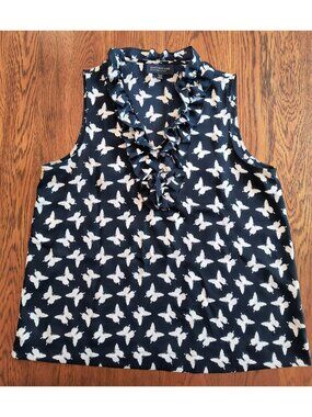 Jones New York Petite Ruffled Sleeveless Blouse Navy & White Butterfly Print Siz